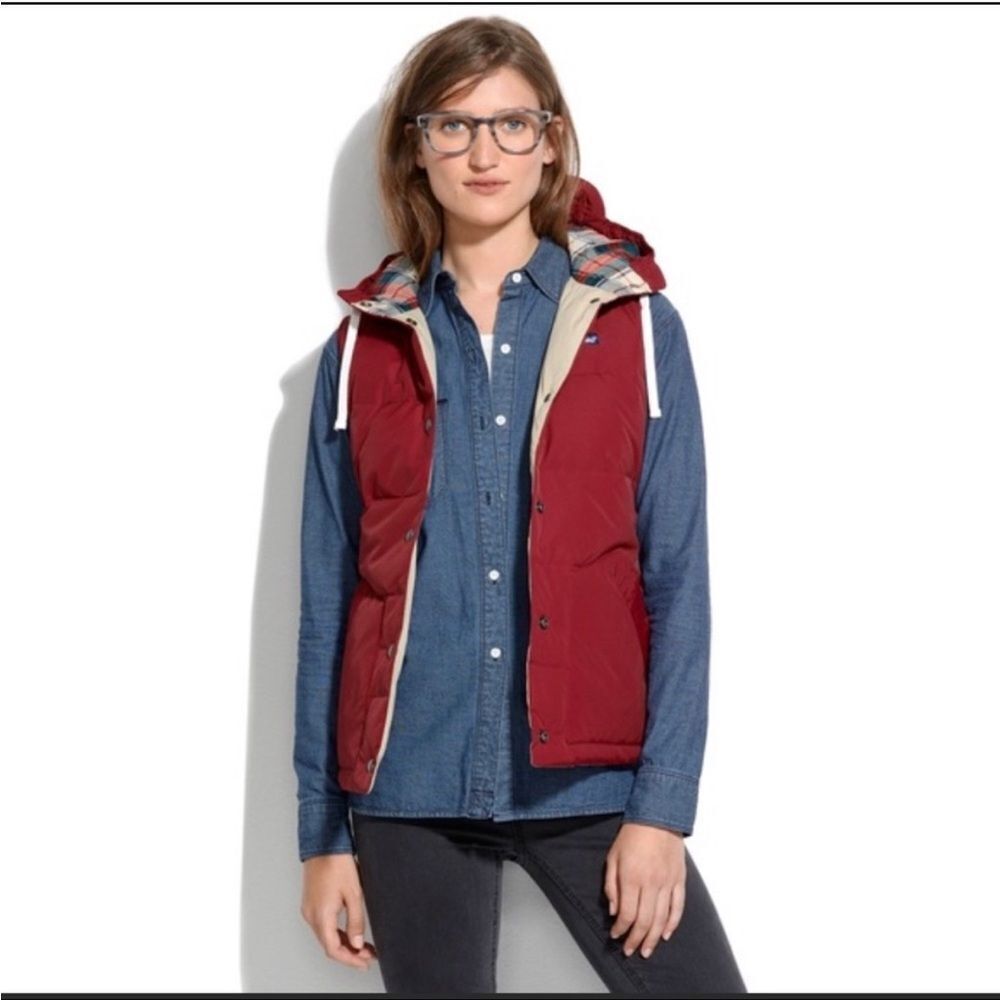 Penfield x Madewell Burgundy Hooded Down-filled Vest w/ Plaid Lining Size Small